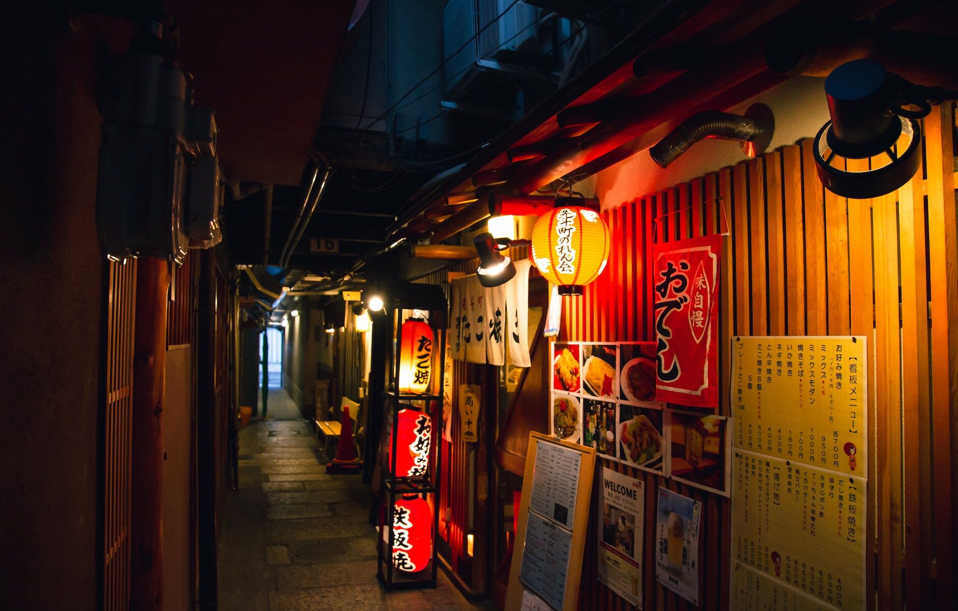 japanese cafes on empty narrow street in evening